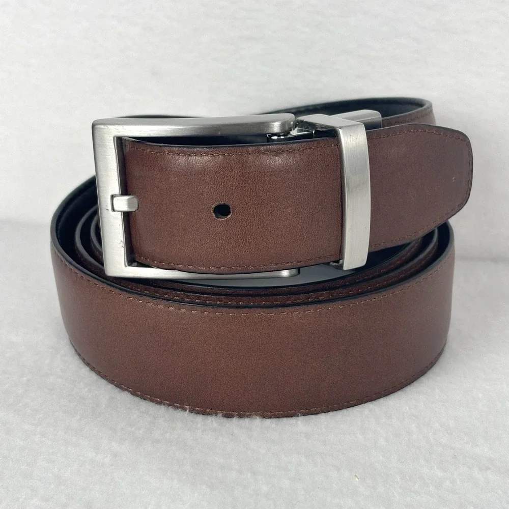 Land's End Brown/Black Leather Reversible Belt Silver Buckle Classic Men's Sz 46